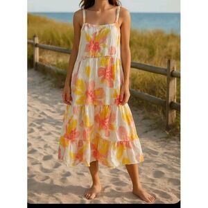 Free People XS Sundress Floral Print Tiered Ruffle Straps White Yellow Pink